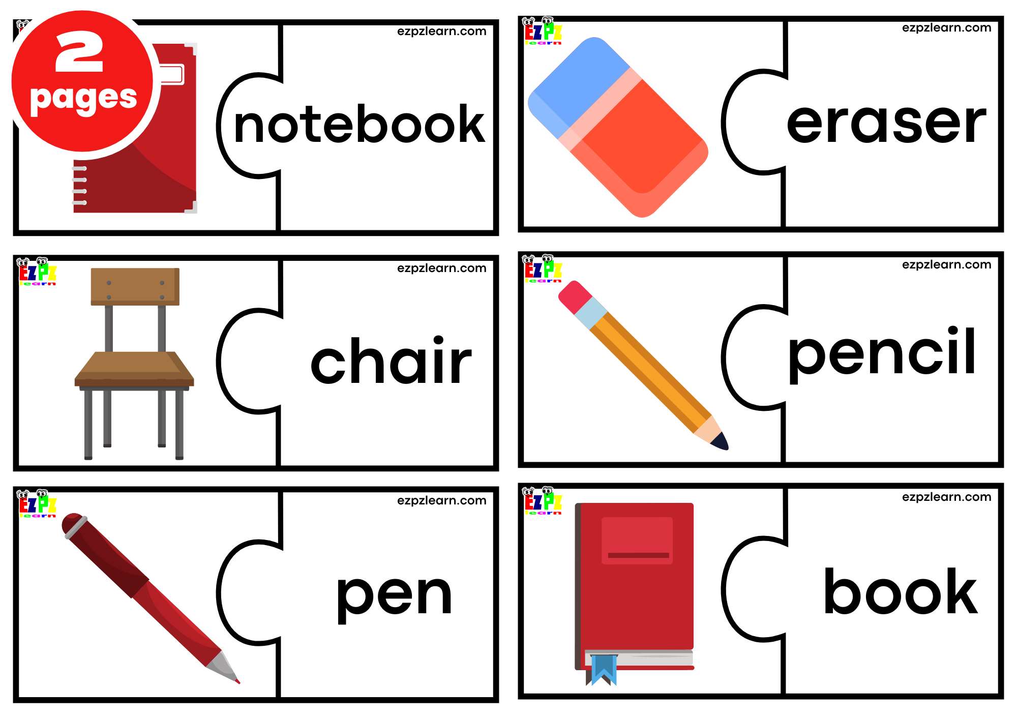 Classroom Objects Puzzle Match Game. LARGE 6 Words per page. Free PDF Download